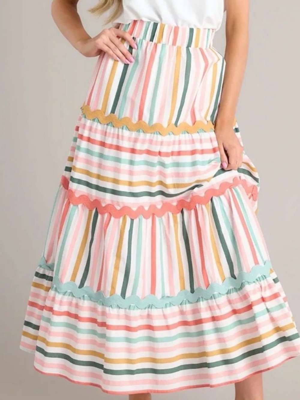 Red Dress Boutique Aura Tiered Stripe Cotton Maxi Skirt RicRac Trim Multicolor